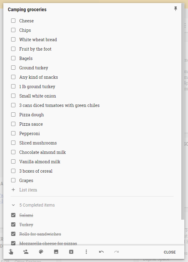 google keep grocery list for camping preparations