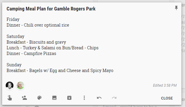 google keep meal plan list for camping preparations